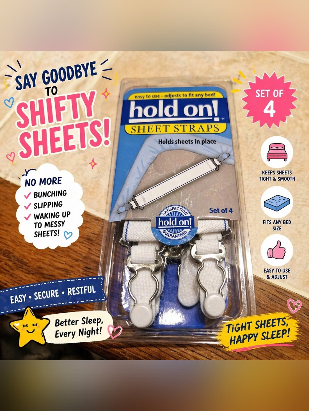 Hold‎ On Sheet Straps Set of 4 Bed Sheet Fasteners Adjustable Keep Sheets Tight